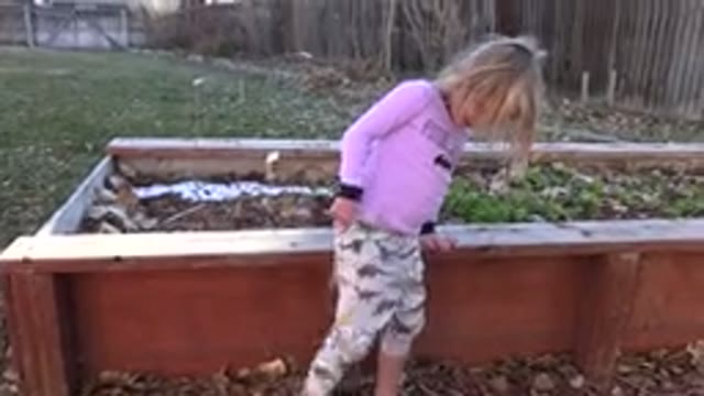 WESTMINSTER COLORADO-2019: Small Blonde Child Kicking Dirt in Front of a Garden