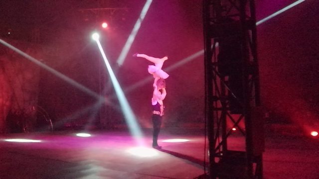 SAN JOSE DEL CABO BCS MEXICO-2022: Acrobats Performing a Shoulder Balance Routine on Stage