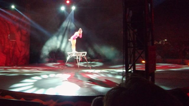 SAN JOSE DEL CABO BCS MEXICO-2022: Acrobatic Performer Balancing on Stage Stool