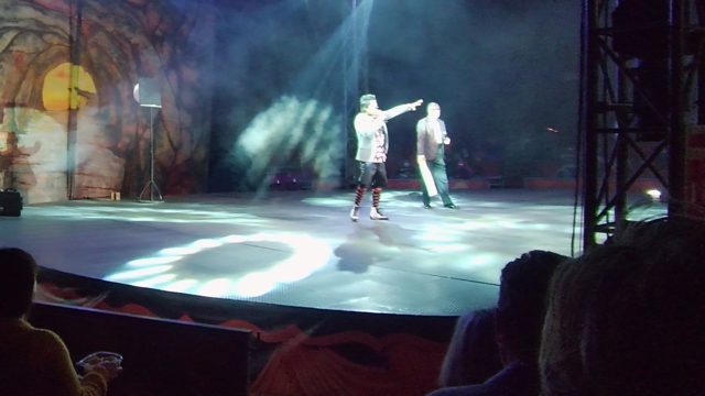 SAN JOSE DEL CABO BCS MEXICO-2022: Two Performers Interacting on a Lit Stage with Audience
