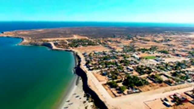 SAN JUANICO BCS MEXICO-2022: Coastal Settlement and Sandy Shore Aerial Pan
