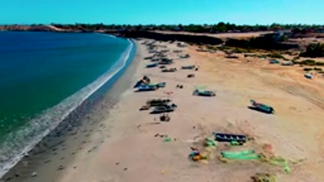 SAN JUANICO BCS MEXICO-2022: Beach with Fishing Boats As Tide Recedes