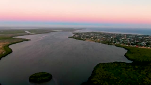 SAN CARLOS BCS MEXICO-2022: Dusk Over River Estuary with Town and Island