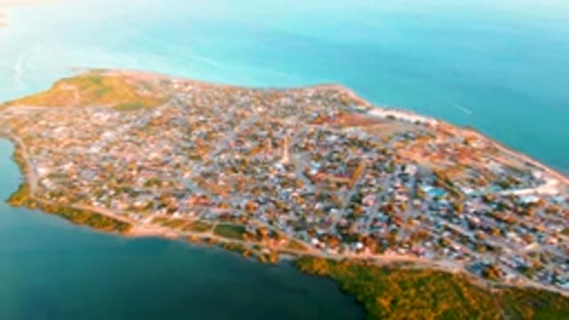SAN CARLOS BCS MEXICO-2022: Aerial Pan of Coastal Town