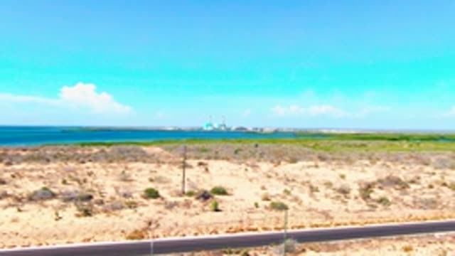 SAN CARLOS BCS MEXICO-2022: Coastal Desert Road and Distant Mosque View