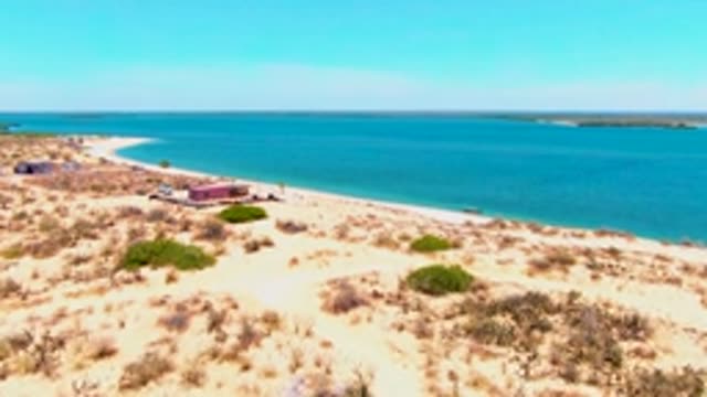 SAN CARLOS BCS MEXICO-2022: Sandy Shore with Scattered Shrubs and Shifting Aerial View