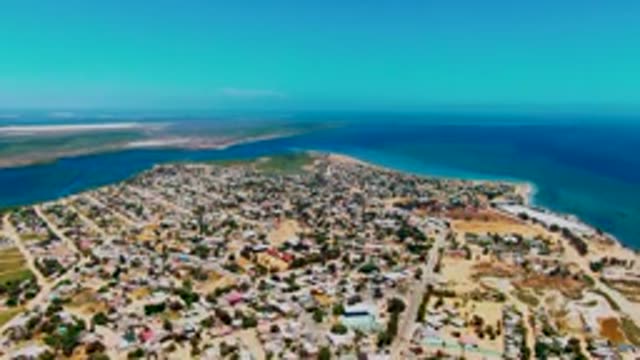 SAN CARLOS BCS MEXICO-2022: Aerial Flight Over Coastal Town and Beach