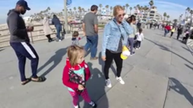 HUNTINGTON BEACH CALIFORNIA-2019: Family Strolling on the Beach Boardwalk in the Afternoon