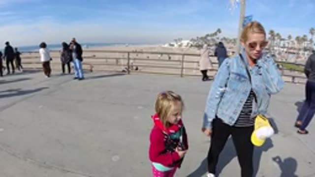 HUNTINGTON BEACH CALIFORNIA-2019: Panoramic Drone Capture Of Women And Child
