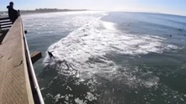 PISMO BEACH CALIFORNIA-2019: View From Pier Over Water Surfers Ride Wave
