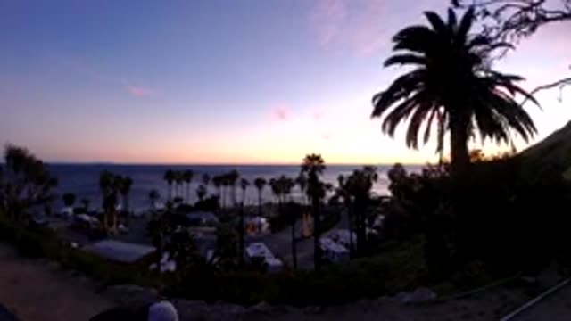 MALIBU CALIFORNIA-2019: Time Lapse of Palm Trees as Sun Sets Over Coastal Shore