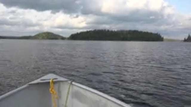 RED LAKE CANADA-2015: Speeding Boat in a Lagoon Surrounded by Forest and Nature