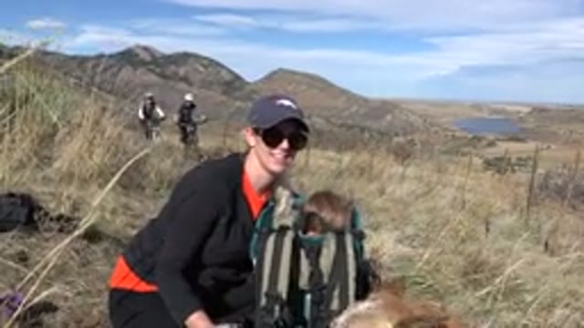 GOLDEN COLORADO-2015: Mother And Son And Dog Strolling In Beautiful Landscape