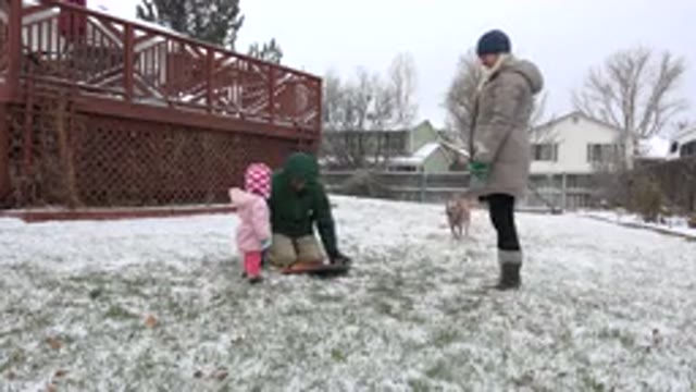 WESTMINSTER COLORADO-2015: Family Playing In The Snow-Covered House Garden And