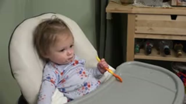 WESTMINSTER COLORADO-2015: Baby Sitting In The Highchair Just Fed Holding His Spoon
