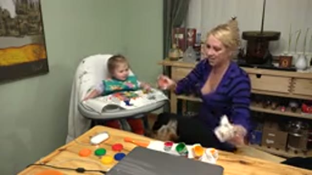WESTMINSTER COLORADO-2015: Blond White Woman Helping White Baby Play With Finger Painting