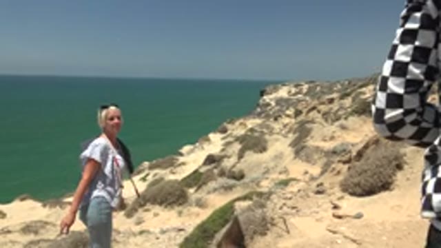 SAN QUINTIN BC MEXICO-2022: Woman and Dog on Coastal Cliff Overlooking Ocean