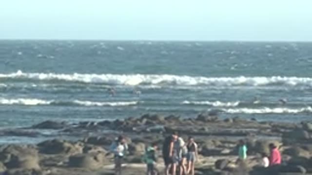 LA BOCANA BCS MEXICO-2022: People on Rocky Beach Watching Ocean Waves
