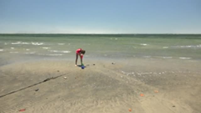 SAN CARLOS BCS MEXICO-2022: Child Playing with Bucket on Sandy Beach