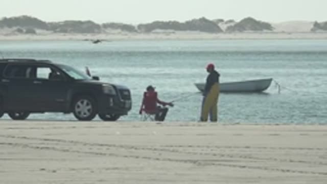 LA BOCANA BCS MEXICO-2022: Beachgoers Fishing While Birds Fly over the Shore