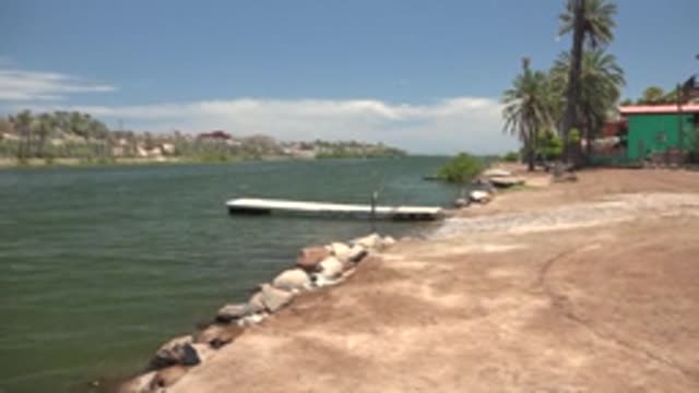 MULEGE BCS MEXICO-2022: Calm Lake Shore with Dock and Palm Trees