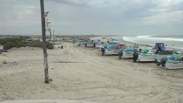 PUENTA ABREOJOS BCS MEXICO-2022: Fishing Boats on Sandy Beach with People Activity