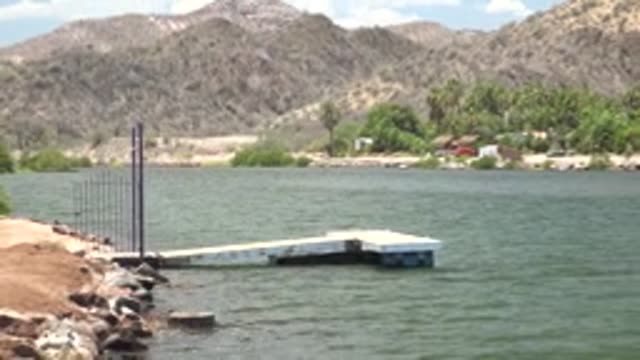 MULEGE BCS MEXICO-2022: Calm Lake Dock with Mountainous Backdrop