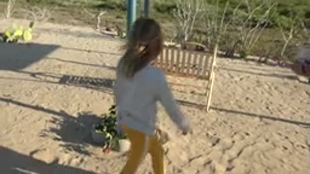 SAN CARLOS BCS MEXICO-2022: Beach with Child and Adult, Camera Focuses on Potted Plant