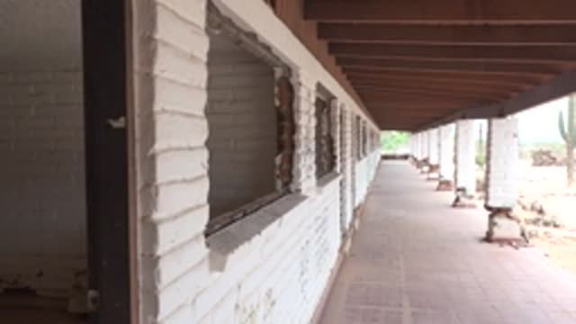 MULEGE BCS MEXICO-2022: Covered Brick Corridor with White Columns and Open Sides