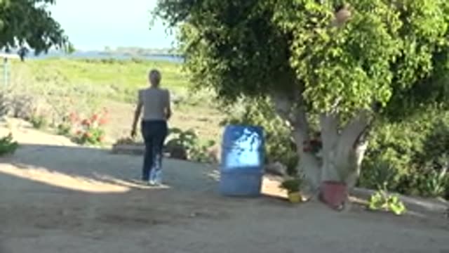 SAN CARLOS BCS MEXICO-2022: Woman Walking Through a Garden Courtyard
