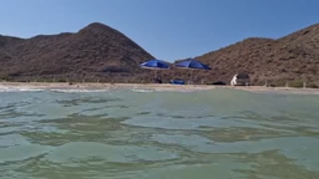BAJA CALIFORNIA MEXICO-2022: Underwater Beach Scene with Blue Umbrellas and Distant Mountains