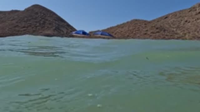 BAJA CALIFORNIA MEXICO-2022: Beach with Blue Umbrellas Viewed Through Water Surface