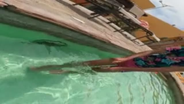 BAJA CALIFORNIA MEXICO-2022: Child Playing in Pool and Smiling at Camera