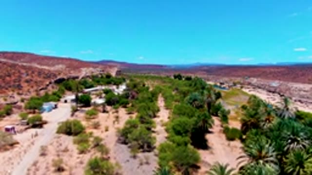 SAN JUANICO BCS MEXICO-2022: Arid Landscape with Scattered Trees and Small Buildings