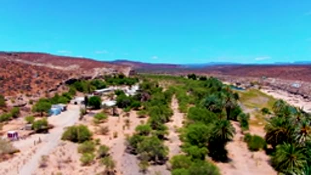 SAN JUANICO BCS MEXICO-2022: Desert Road with Scattered Vegetation and Small Structures
