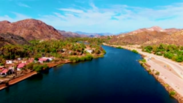 MULEGE BCS MEXICO-2022: Aerial River and Road with Moving Vehicles