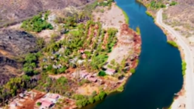 MULEGE BCS MEXICO-2022: Aerial of River, Road, and Small Community