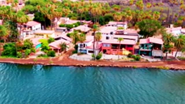 MULEGE BCS MEXICO-2022: Houses and Palm Trees Along a Coastal Road
