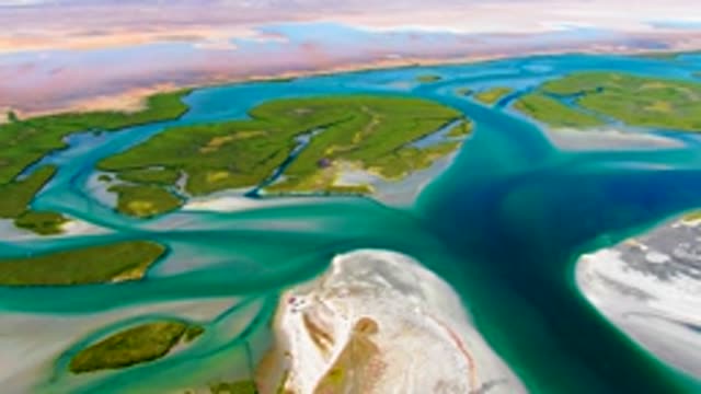 Tidal Inlet with Green Islands and Shifting Waters