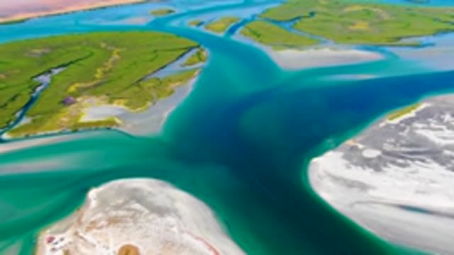 Water Currents Flowing Between Green Islands and Sandbars
