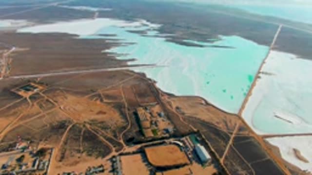 GUERRERO NEGRO BCS MEXICO-2022: Turquoise Salt Evaporation Ponds and Industrial Site From Above