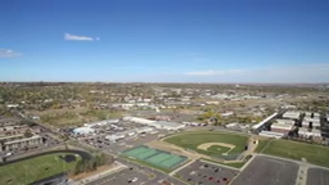 HIDDEN LAKE COLORADO-2016: Overhead View Of A Town Baseball Field Blue Skies And