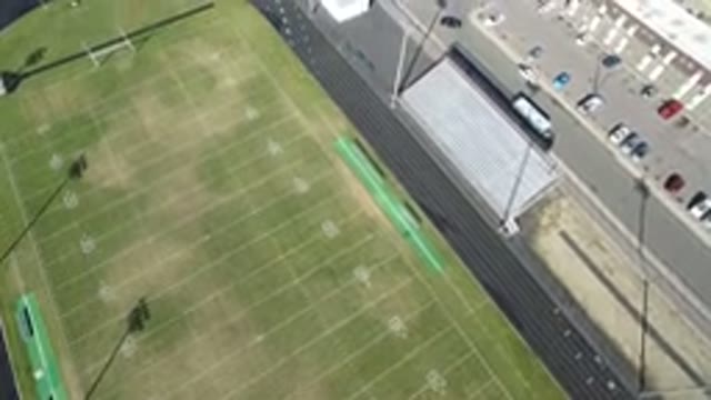 HIDDEN LAKE COLORADO-2016: Aerial View Of An Empty Football Field And Track In