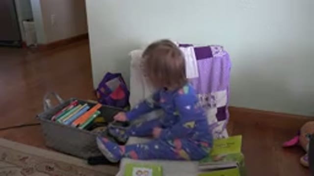 WESTMINSTER COLORADO-2016: Cute Toddler Girl Playing Alone on Floor Surrounded by Toys and Books