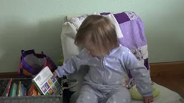 WESTMINSTER COLORADO-2016: A Baby in Grey Pajamas Trying to Pick Up a Book