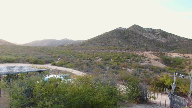 CABO PULMO BCS MEXICO-2023: Car Driving Away From Desert Carport With Camera Rising