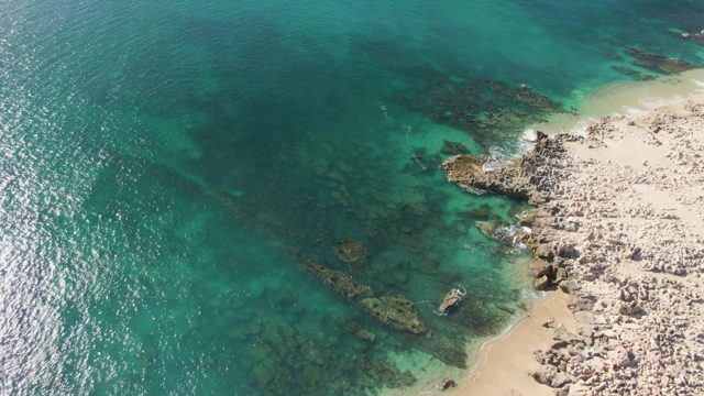 BUZZARDS BEACH EAST CAPE BCS MEXICO-2023: Coastal Waters with Rocky Shore and Gentle Waves