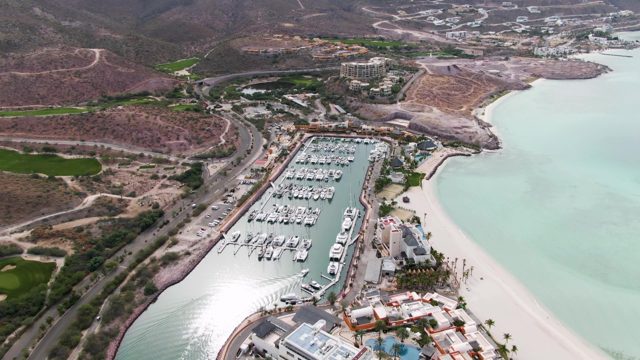 LA PAZ BCS MEXICO-2023: Rising Aerial of Marina, Beach, and Hills