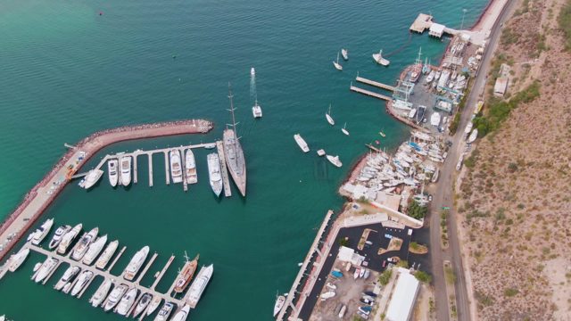 LA PAZ BCS MEXICO-2023: Marina with Docked Boats and Shifting Shoreline