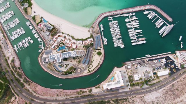 LA PAZ BCS MEXICO-2023: Marina with Boats and Moving Vehicle From Above
